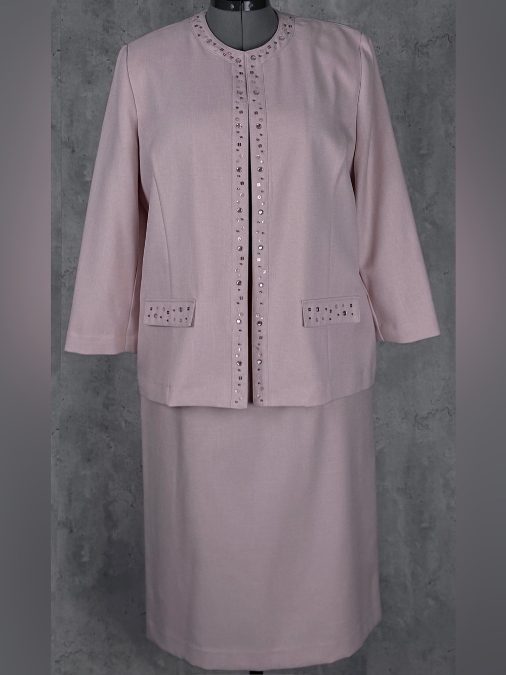 Alfred Dunner Pink Beaded Skirt Suit Set 2pc Jacket Elastic Waist Vintage Sz12